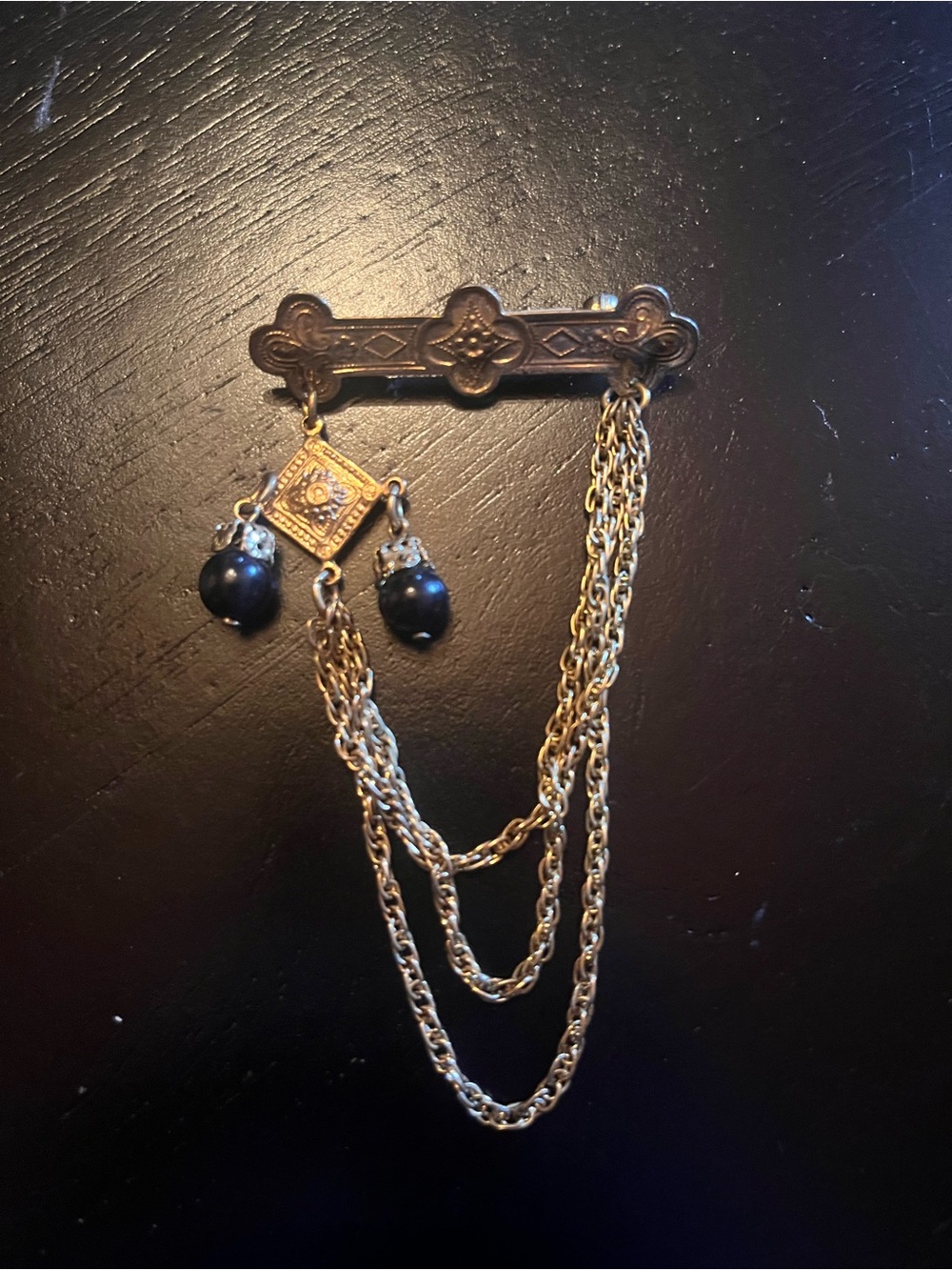 Vintage-Inspired Gold and Black Dangle Brooch Pin